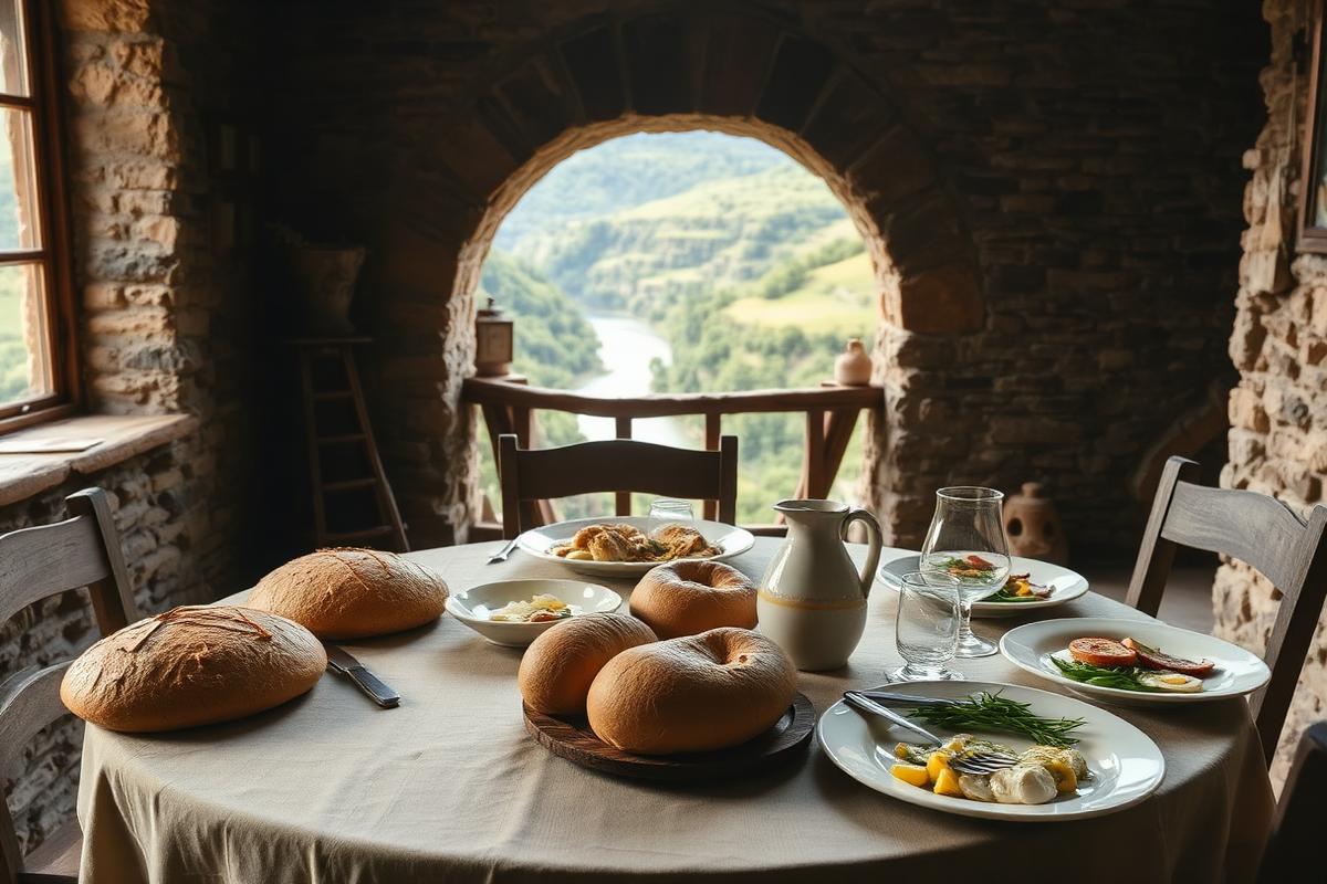 Imagen orientativa: mesa rústica con pan casero y raciones abundantes junto a un valle