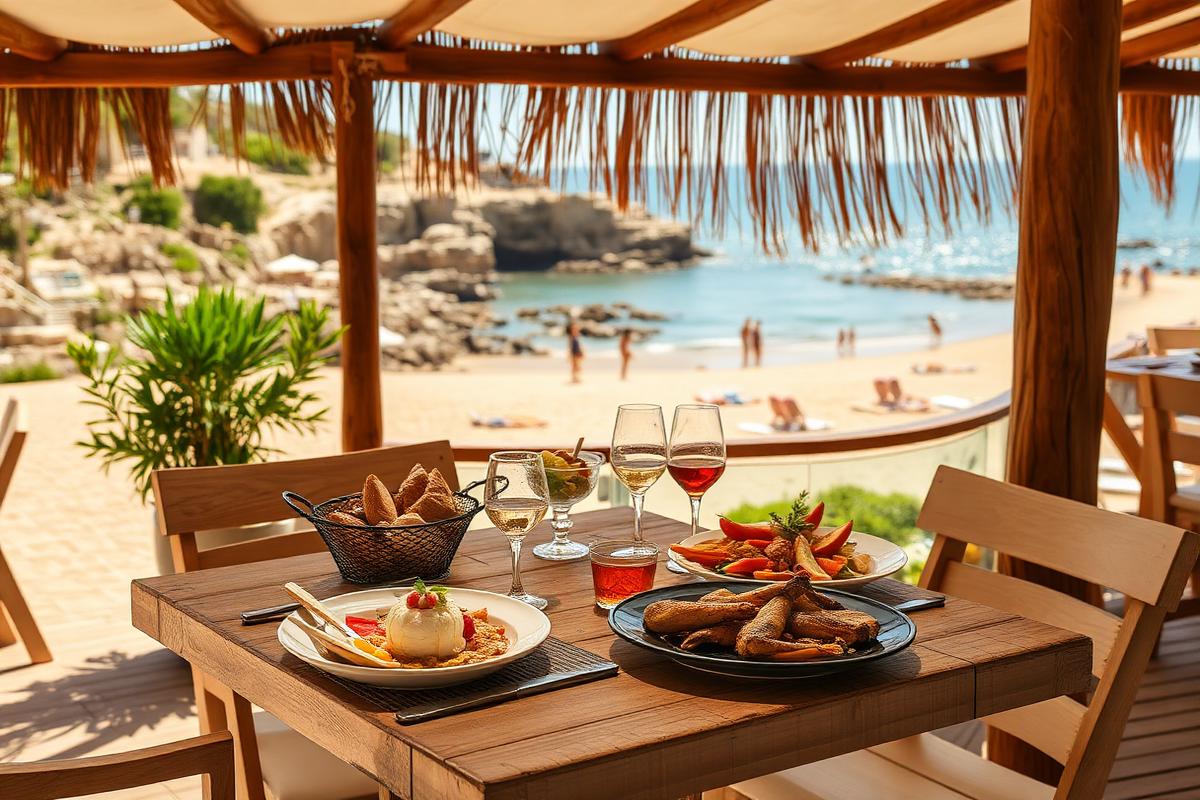 Imagen orientativa: terraza de chiringuito a pie de playa con platos y postre casero
