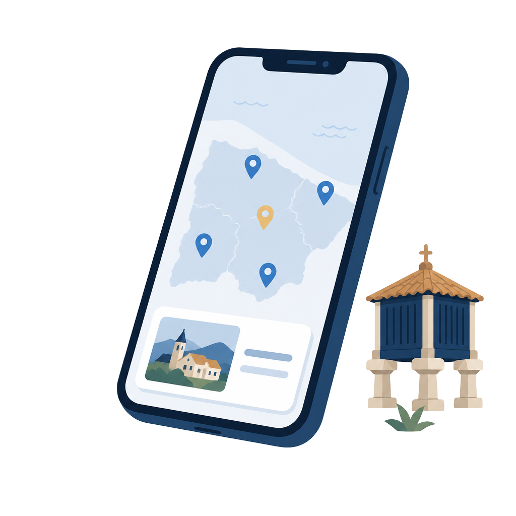 Ilustración de la app de Pueblos Asturianos mostrando un mapa de Asturias con pueblos marcados