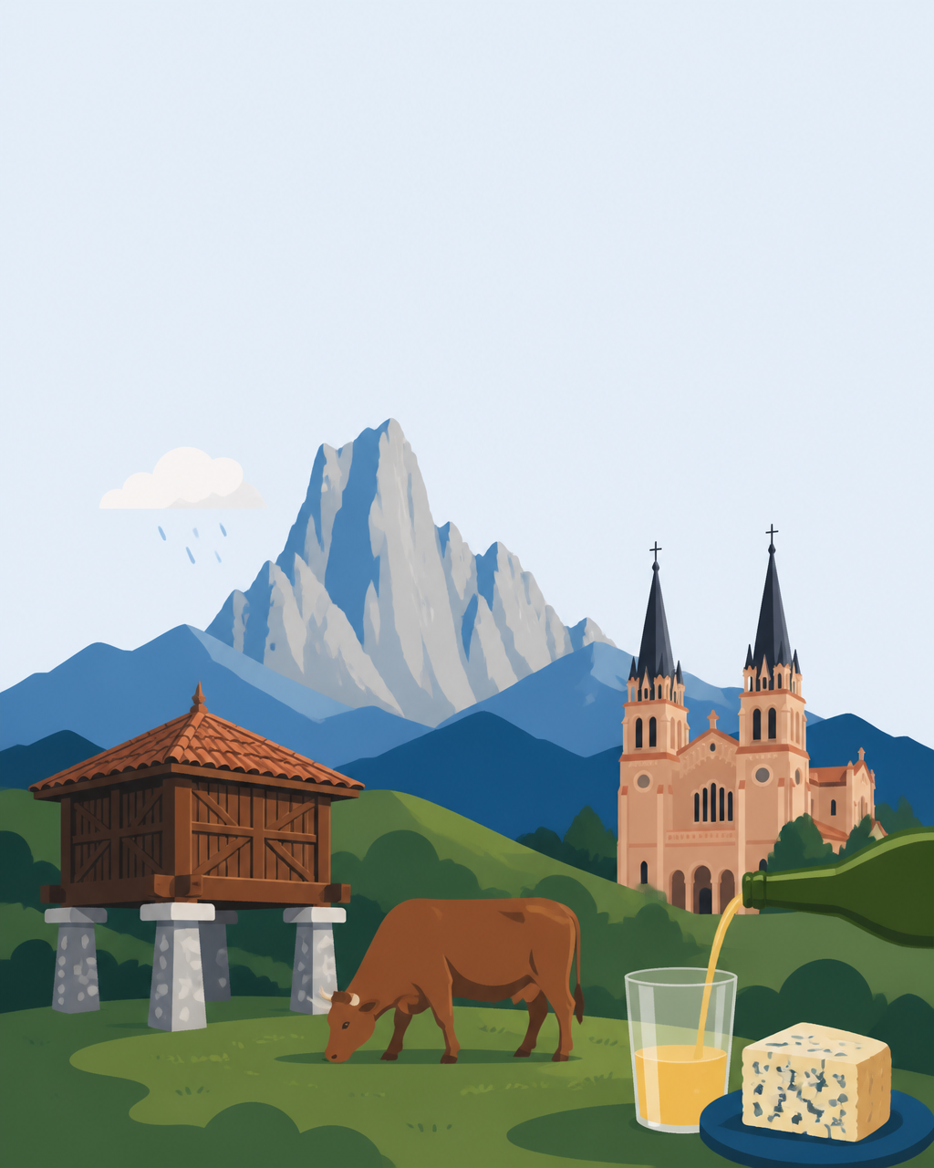Ilustración de un paisaje asturiano: hórreo sobre pilares de piedra, vaca asturiana pastando, el Picu Urriellu, la basílica de Covadonga, sidra escanciada y una cuña de queso de Cabrales